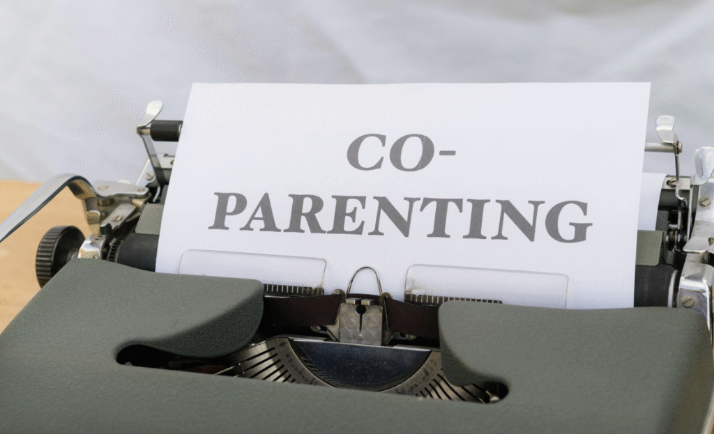 The words Co-Parenting are spelled out on a piece of paper in a typewriter
